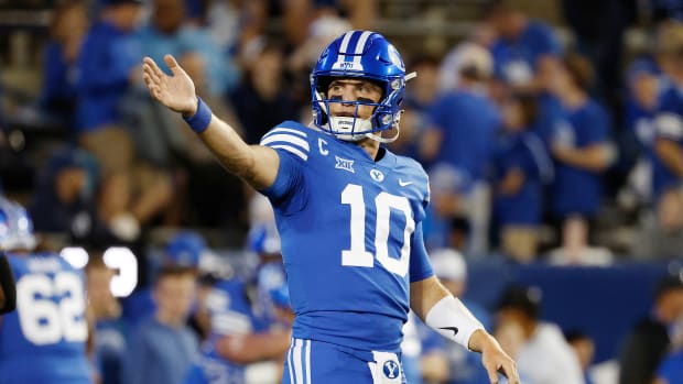 Sep 29, 2023; Provo, Utah, USA; Brigham Young Cougars quarterback Kedon Slovis (10) warms up prior to their game against the Cincinnati Bearcats at LaVell Edwards Stadium.